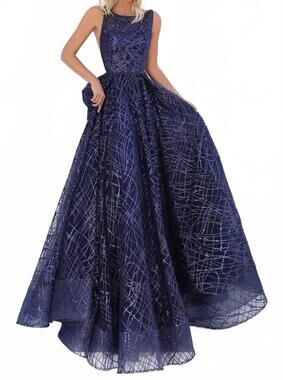 NEW TARIK EDIZ long glitter tulle a-line dress in navy